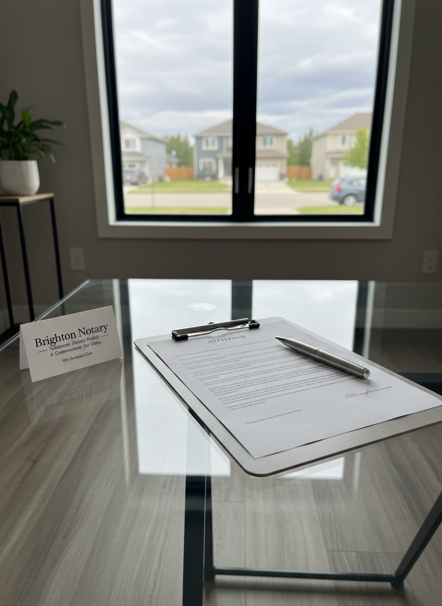 An inviting corner of a professional notary office at 931 Brighton Gate, featuring a sleek glass-topped table with a clearly visible clipboard holding a partially completed affidavit, a silver pen placed diagonally, and a crisp business card reading “Brighton Notary – Saskatoon Notary Public & Commissioner for Oaths.” Behind, a large window subtly reveals an out-of-focus suburban Saskatoon streetscape. Diffused afternoon light illuminates the papers, making text edges legible without being readable, while soft shadows add depth. Photographic realism, shot from a slightly elevated angle using the rule of thirds, creating a calm, organized, and efficient atmosphere suitable for a homepage hero banner.