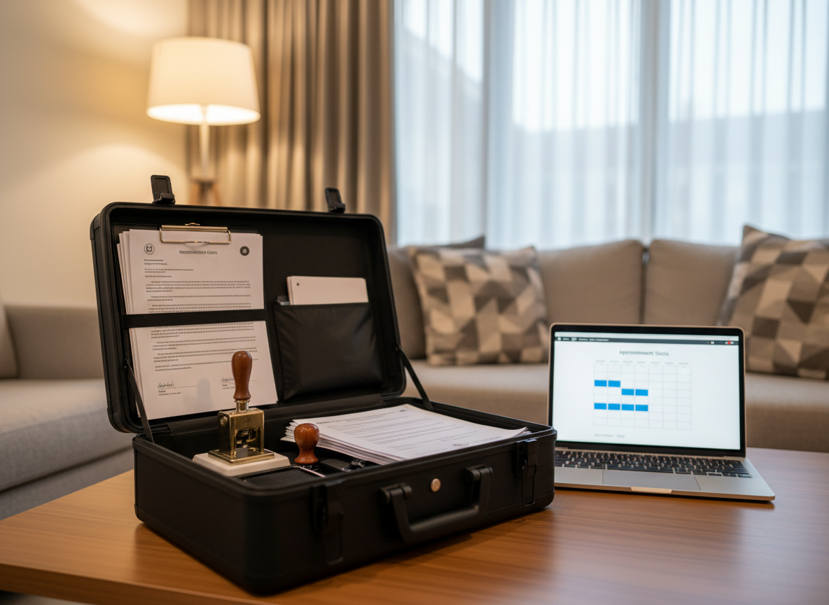 A professional mobile notary setup in a well-lit residential living room, with a sturdy portable briefcase opened on a wooden coffee table, revealing neatly arranged legal documents, an ink pad, a handheld notary seal press, and a slim laptop displaying a calendar with appointment slots. The background shows a tidy sofa and a window with soft curtains, slightly blurred for depth. Warm, diffused evening lighting from a floor lamp and faint natural light from the window create a welcoming glow. Photographic realism, eye-level composition that emphasizes convenience and flexibility, conveying the comfort of completing notarization from home with a clean, modern aesthetic.