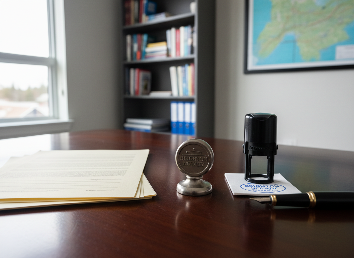 A close-up of a polished dark-wood notary desk neatly arranged with an embossed metal notary seal, an inked rubber stamp showing a clear impression of “Brighton Notary Saskatoon,” a high-quality black fountain pen, and a stack of cream legal papers with visible signature lines. The desk sits in a bright, modern office with a blurred bookshelf and a framed map of Saskatoon in the background. Soft daylight from a large side window creates gentle reflections on the desk surface and metallic seal, casting calm shadows. Photographic realism, eye-level composition with shallow depth of field, emphasizing professionalism, precision, and trust in a clean and modern atmosphere.