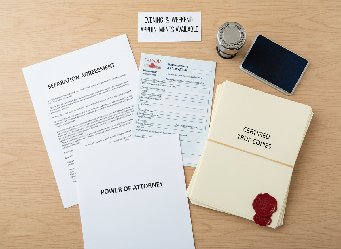 A detailed flat lay of various notarial documents arranged on a light oak surface: a Canadian passport application form, a separation agreement, a power of attorney with bold title, and a stack of certified true copies each bearing a red foil seal. A silver commissioner for oaths stamp and a dark blue ink pad sit to one side, while a small note card labeled “Evening & Weekend Appointments Available” rests neatly at the top. Bright, even overhead lighting eliminates harsh shadows and brings out crisp edges and subtle paper textures. Photographic realism, top-down bird’s-eye view, creating an organized, informative, and reassuring atmosphere ideal for explaining the range of services.